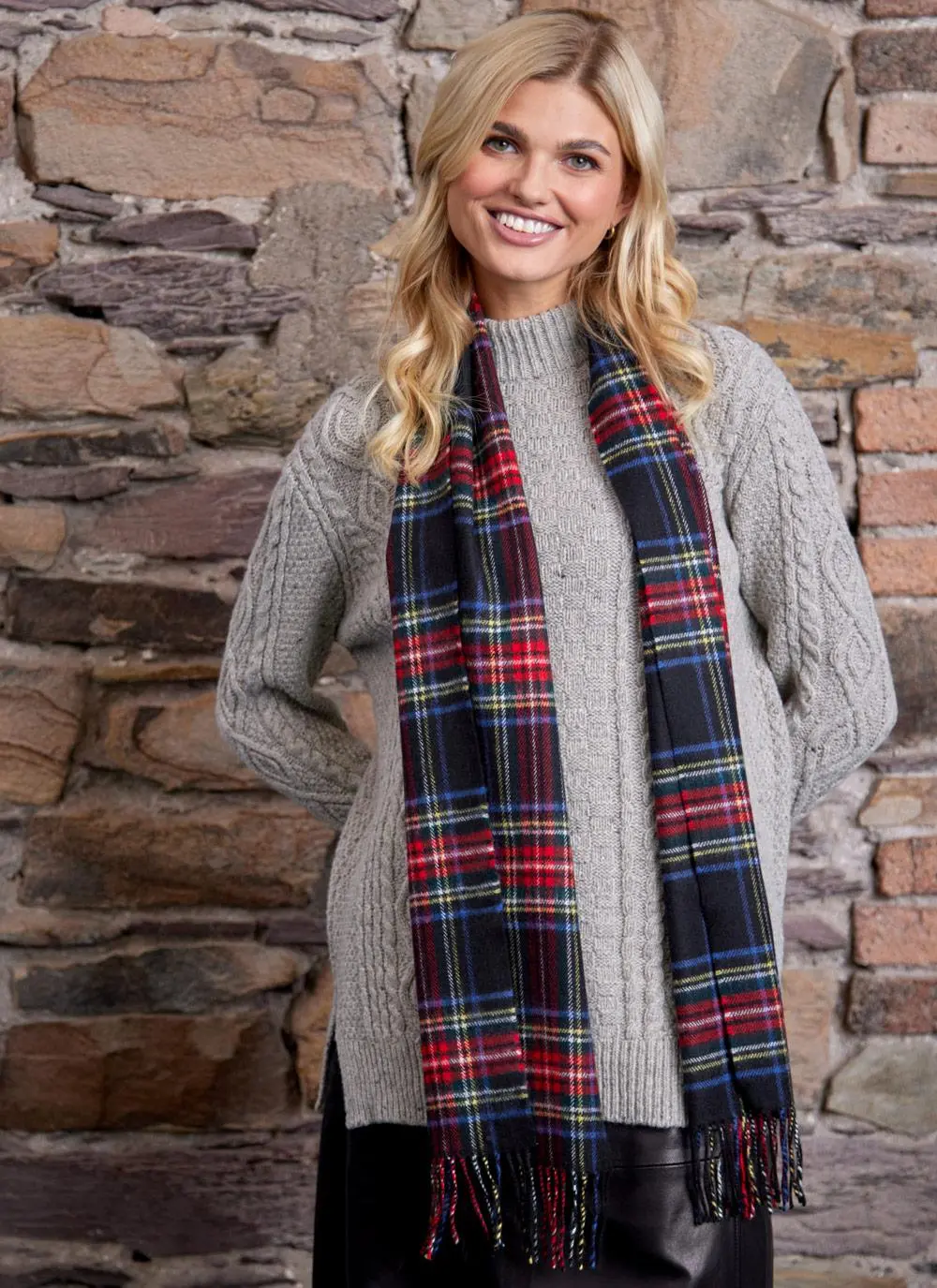 Extra Fine Merino Wool Fringed Check Scarf 