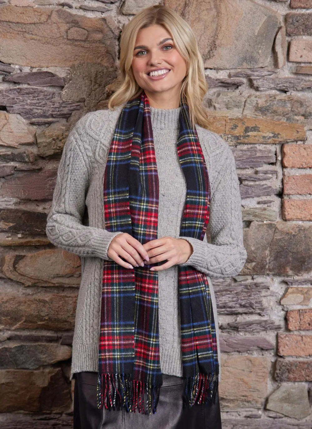 Extra Fine Merino Wool Fringed Check Scarf 