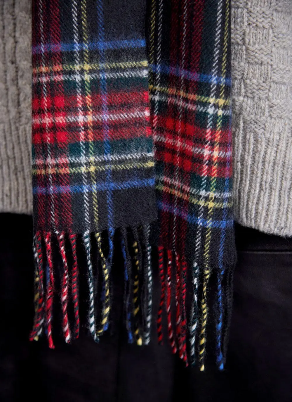 Extra Fine Merino Wool Fringed Check Scarf 