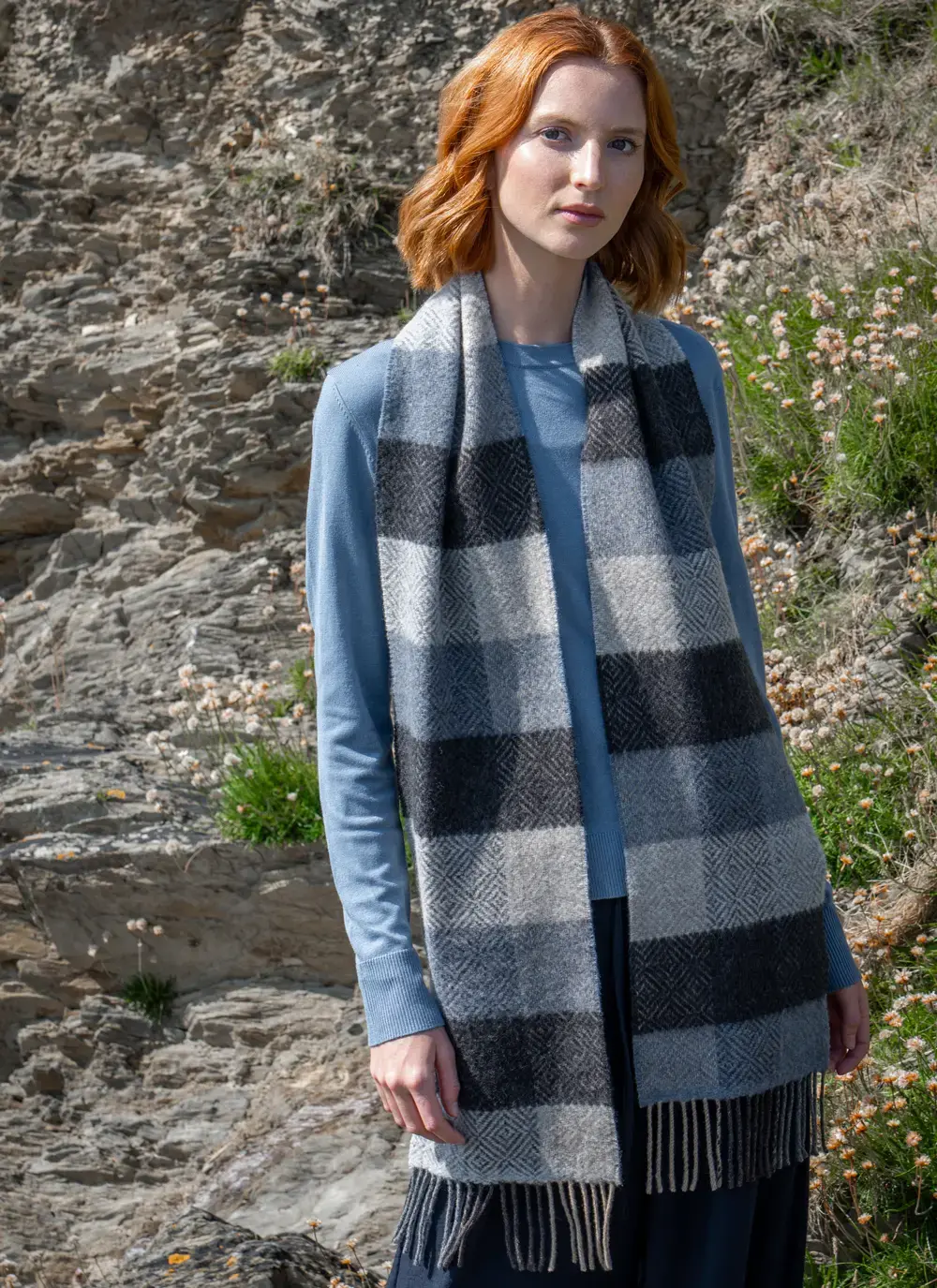 Mucros Wool Cashmere Skellig Scarf in Blue Check