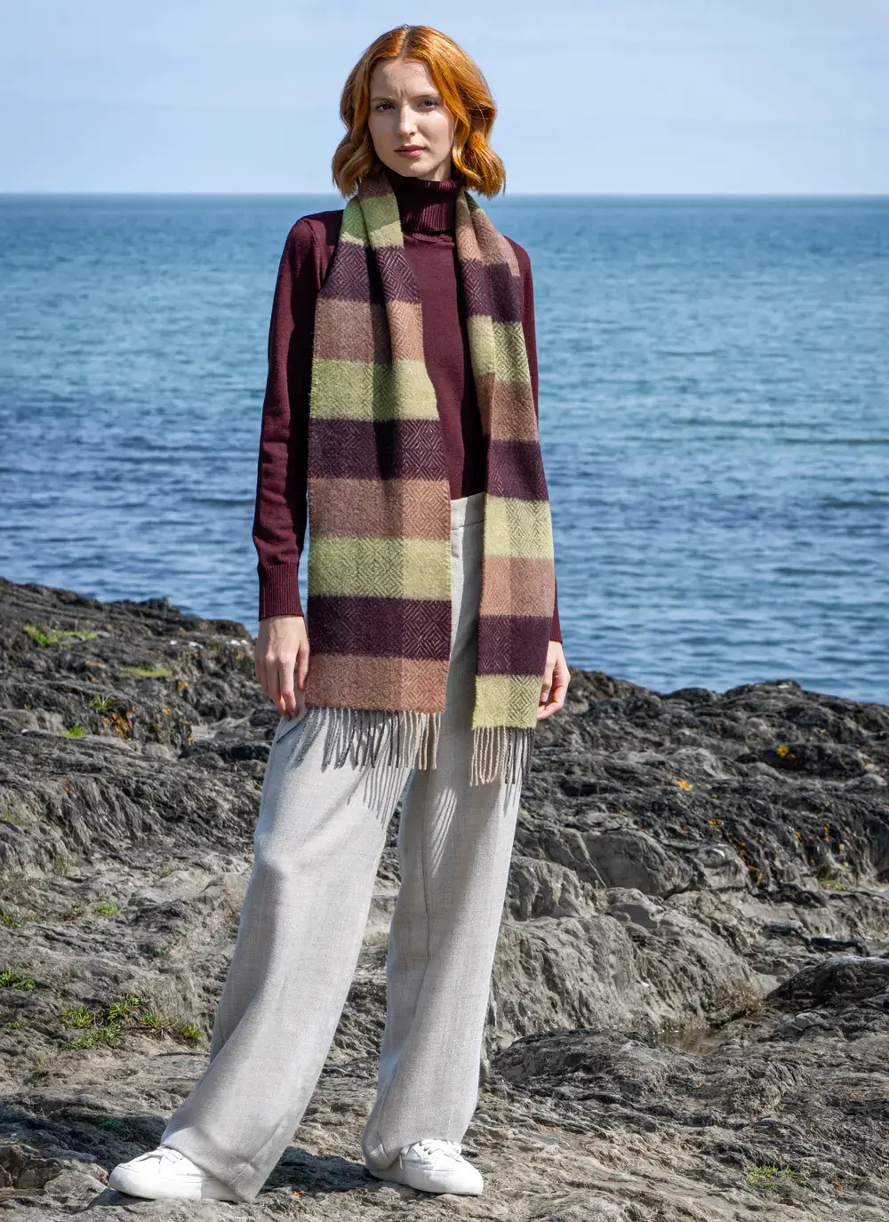 Mucros Wool Cashmere Skellig Scarf in Burgundy Check