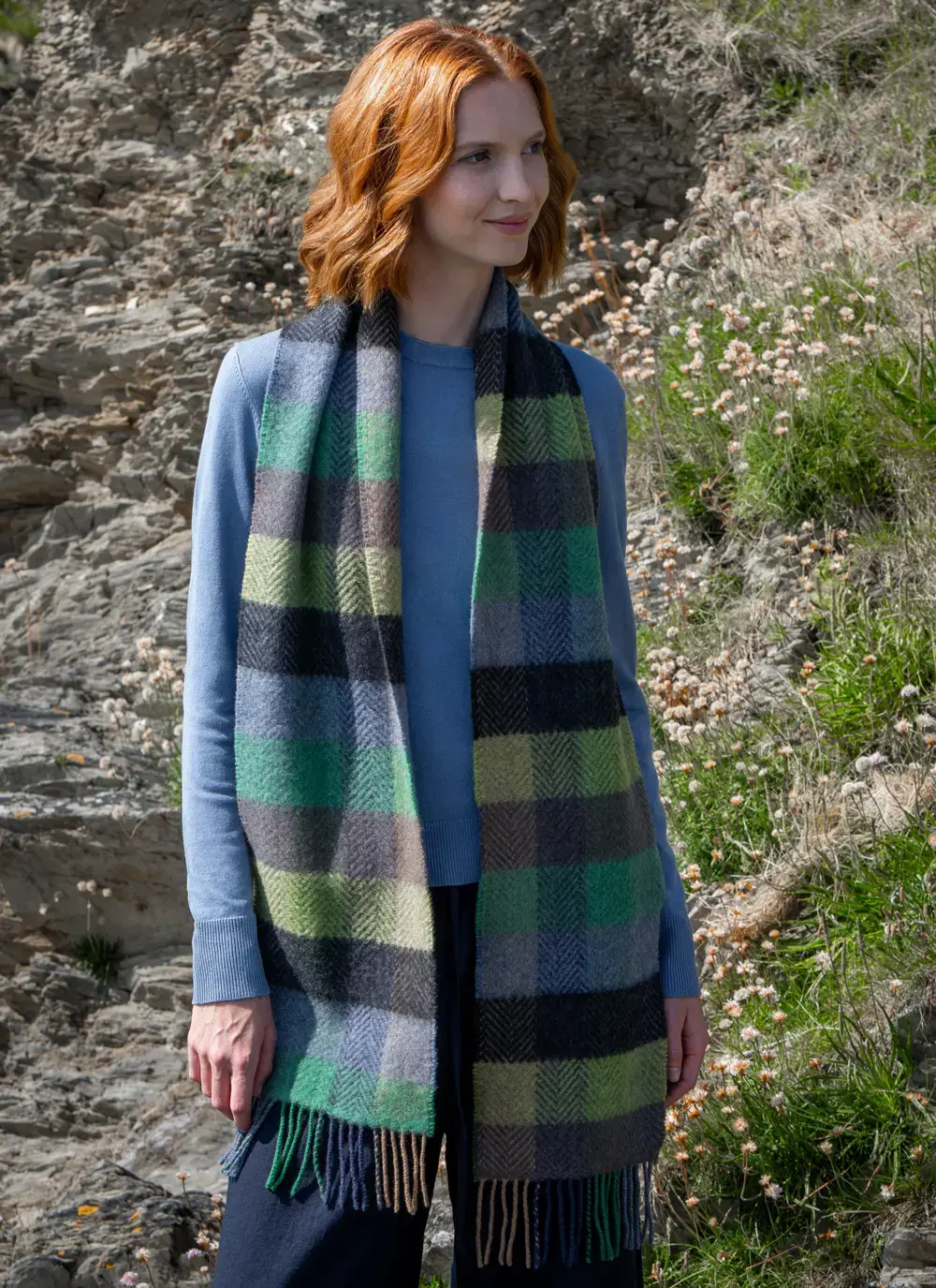 Mucros Wool Cashmere Skellig Scarf in Green Check