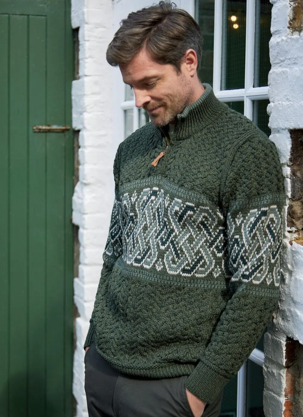 Jacquard Quarter Zip Aran Sweater