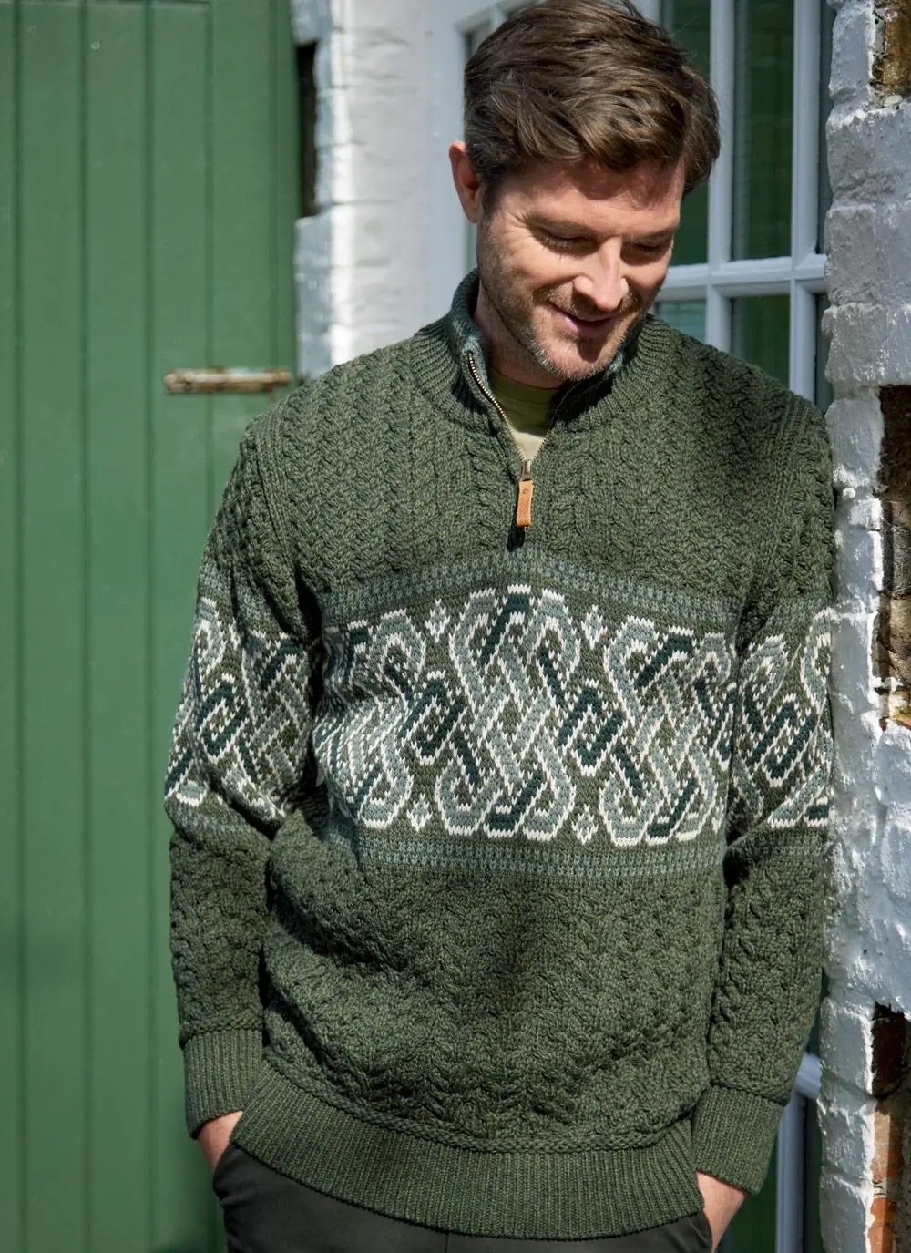 Jacquard Quarter Zip Aran Sweater