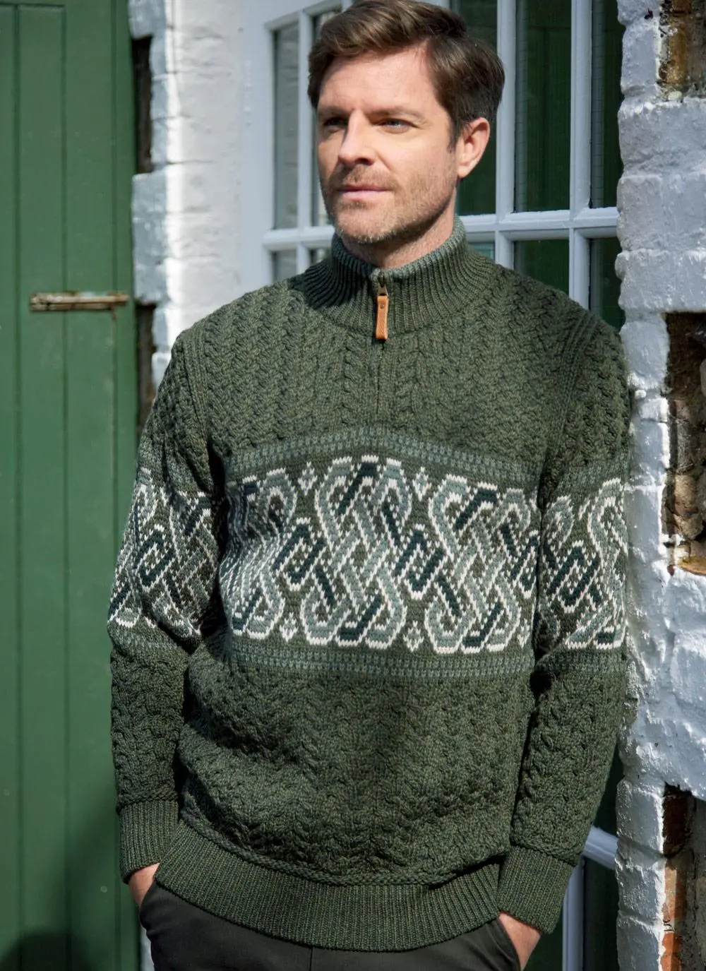 Jacquard Quarter Zip Aran Sweater
