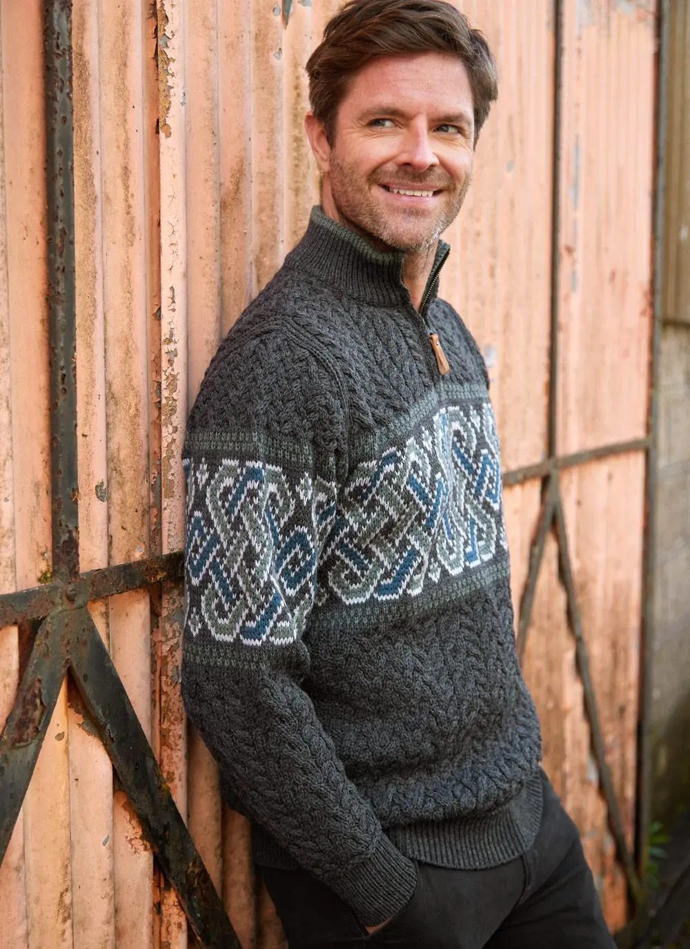 Jacquard Quarter Zip Aran Sweater