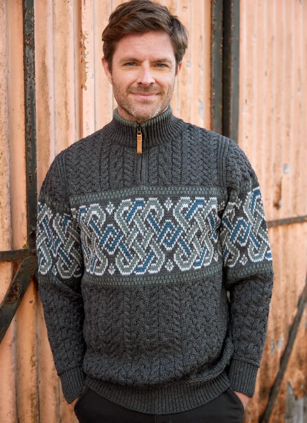 Jacquard Quarter Zip Aran Sweater