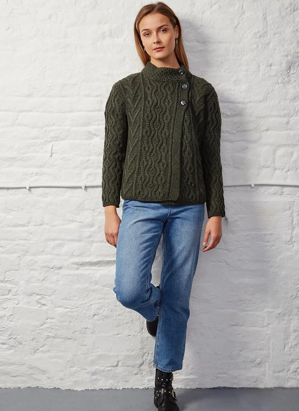 Kathleen Button Neck Aran Cardigan