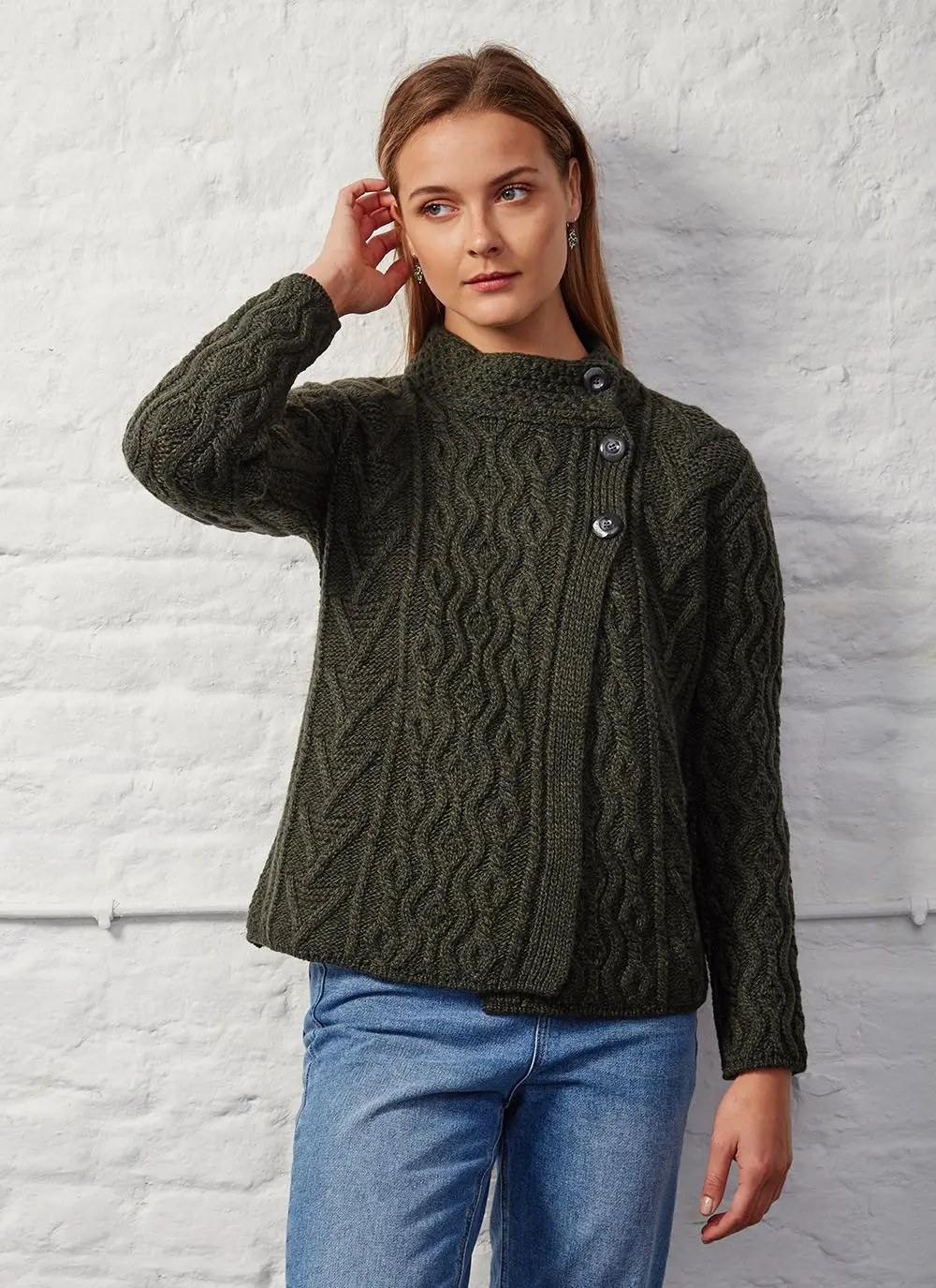 Kathleen Button Neck Aran Cardigan