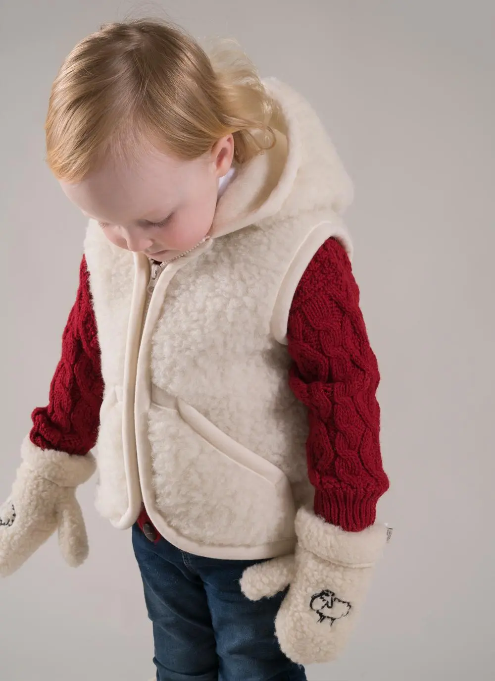 Kids Hooded Wool Gilet & Mittens Set