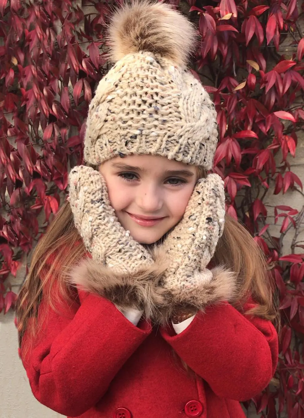 Kids Oatmeal Speckle Fur Trim Mittens