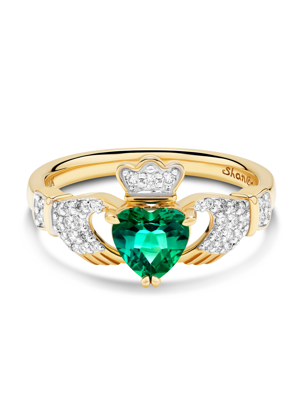 14K Claddagh With Lab Diamond and Emerald