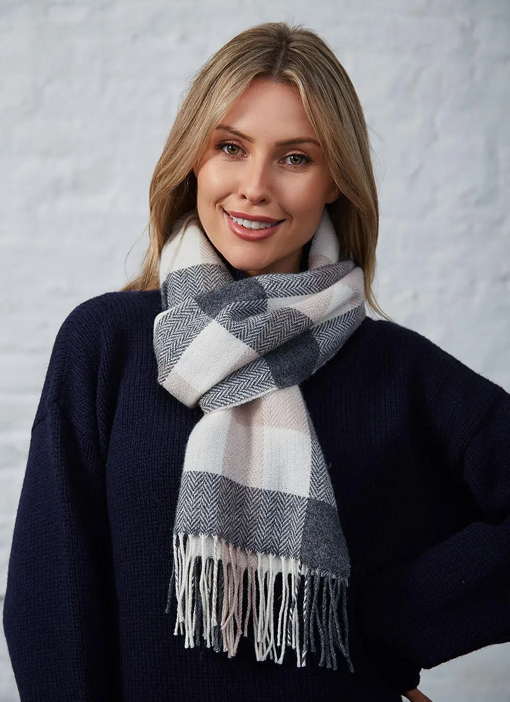 100% Lambswool Scarf Neutral Herringbone