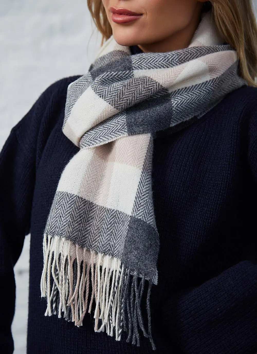 100% Lambswool Scarf Neutral Herringbone
