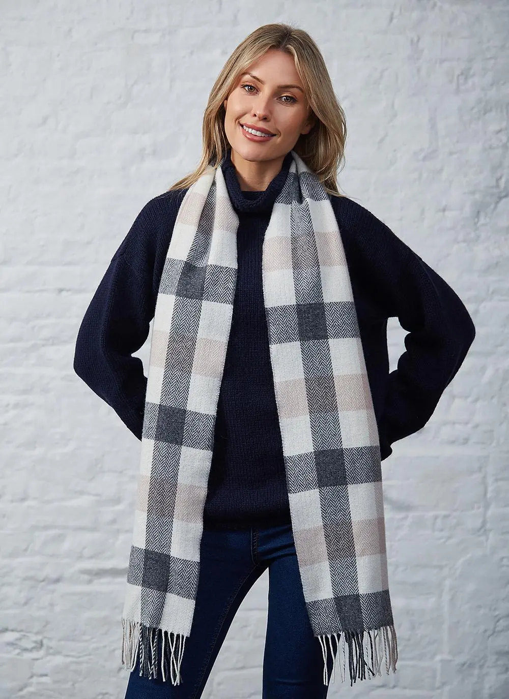 100% Lambswool Scarf Neutral Herringbone