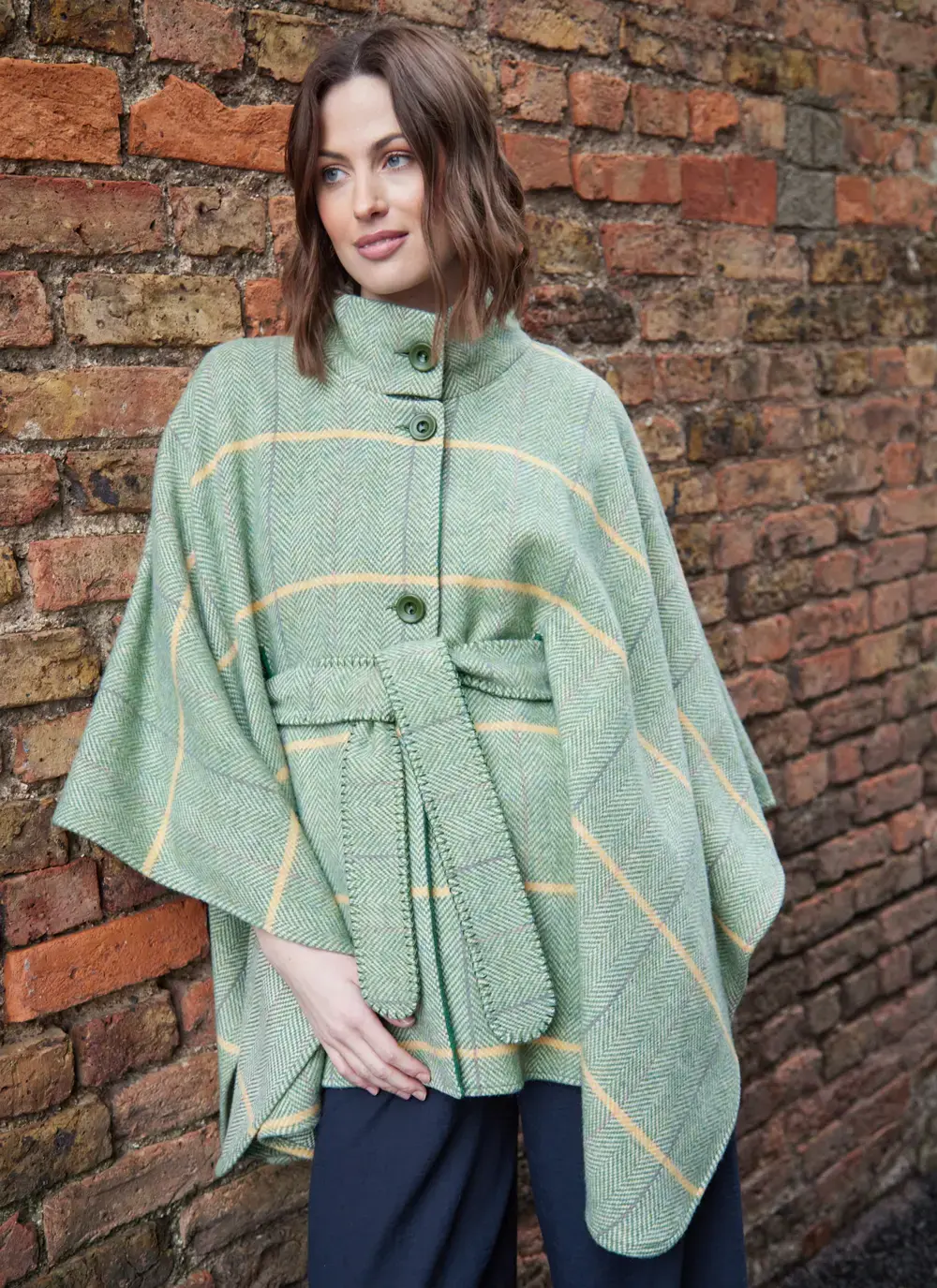 Lafo Belted Herringbone Cape in Green