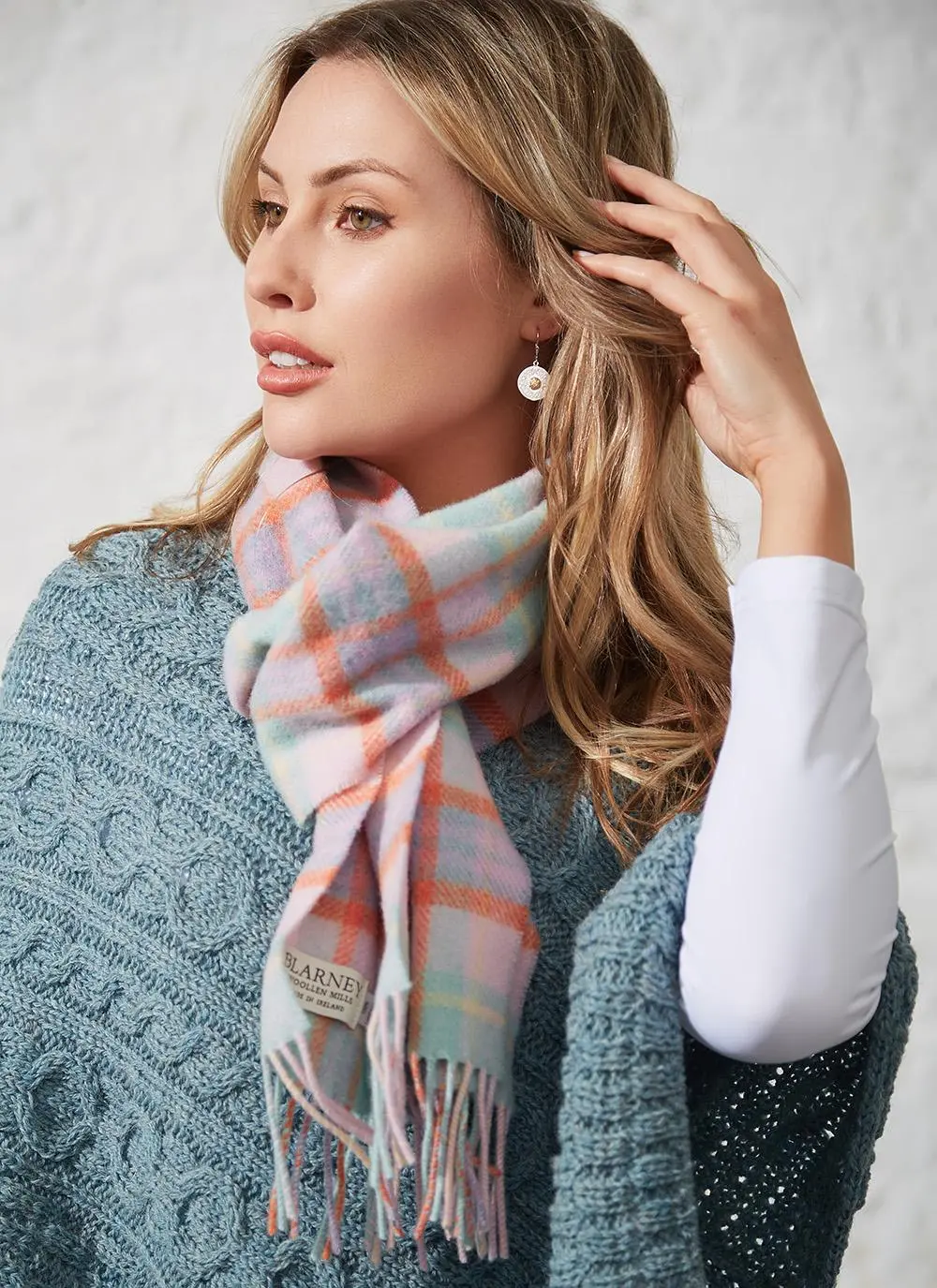 Lambswool Scarf Mint, Pink & Orange Check