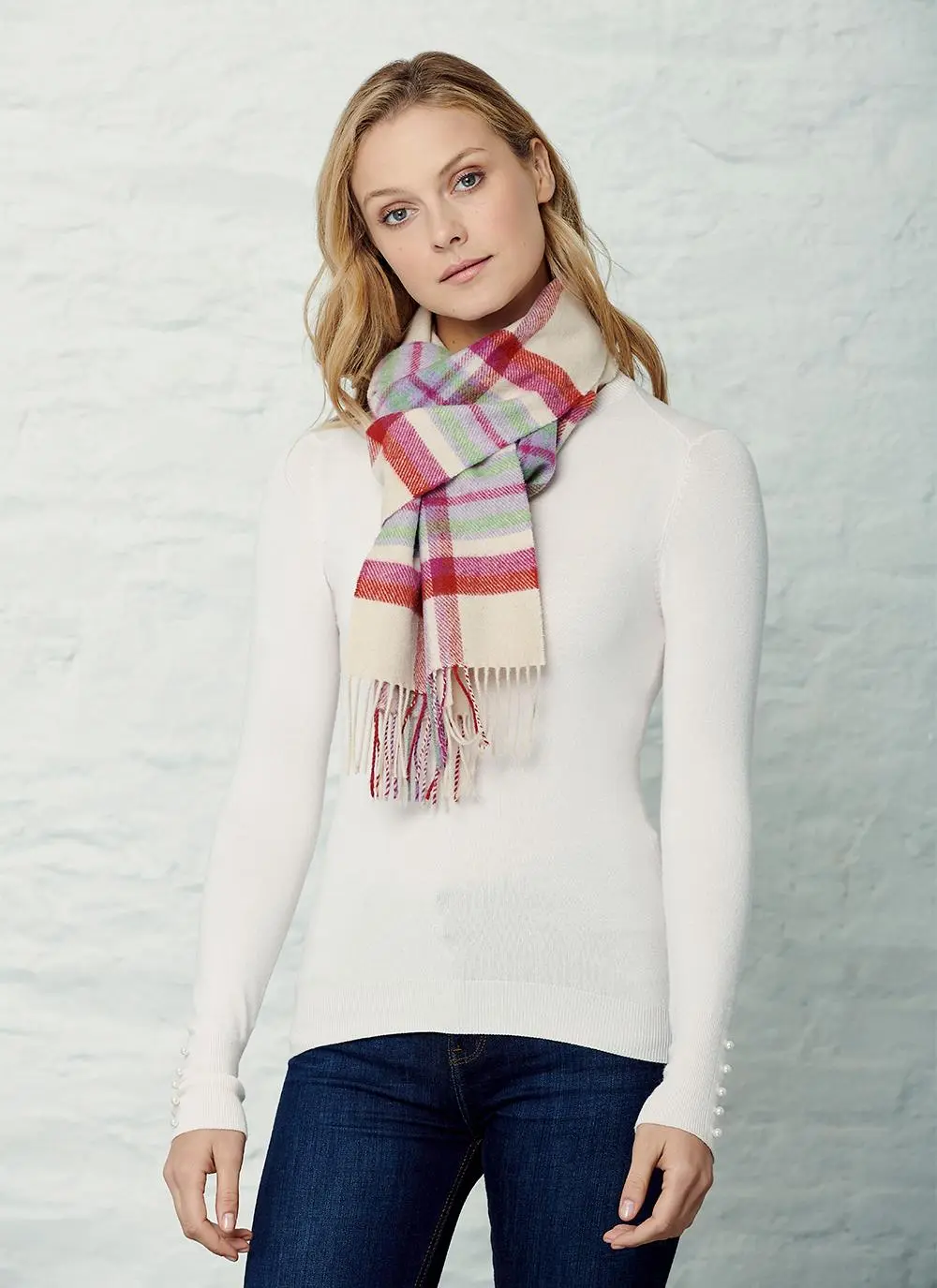 Lambswool Scarf Natural & Cherry 