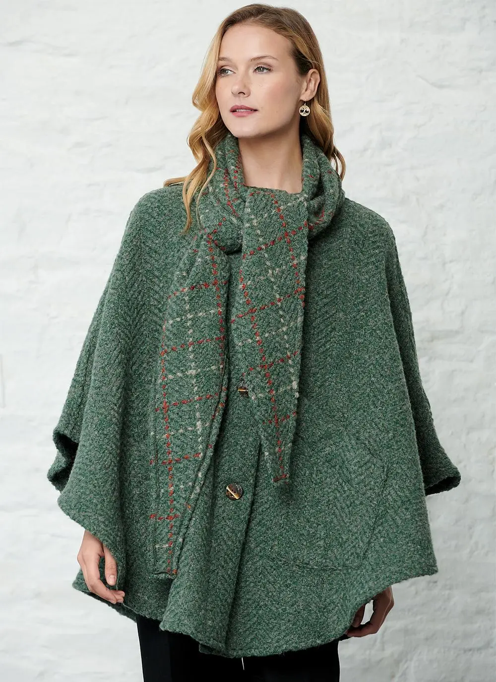Lisa Loden Green Herringbone Cape with Hood