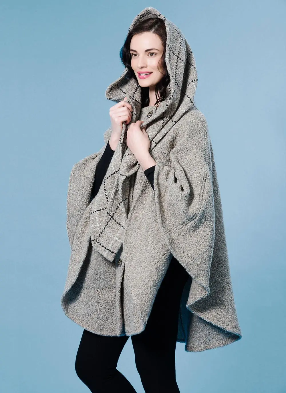 Lisa Beige Check Hooded Cape