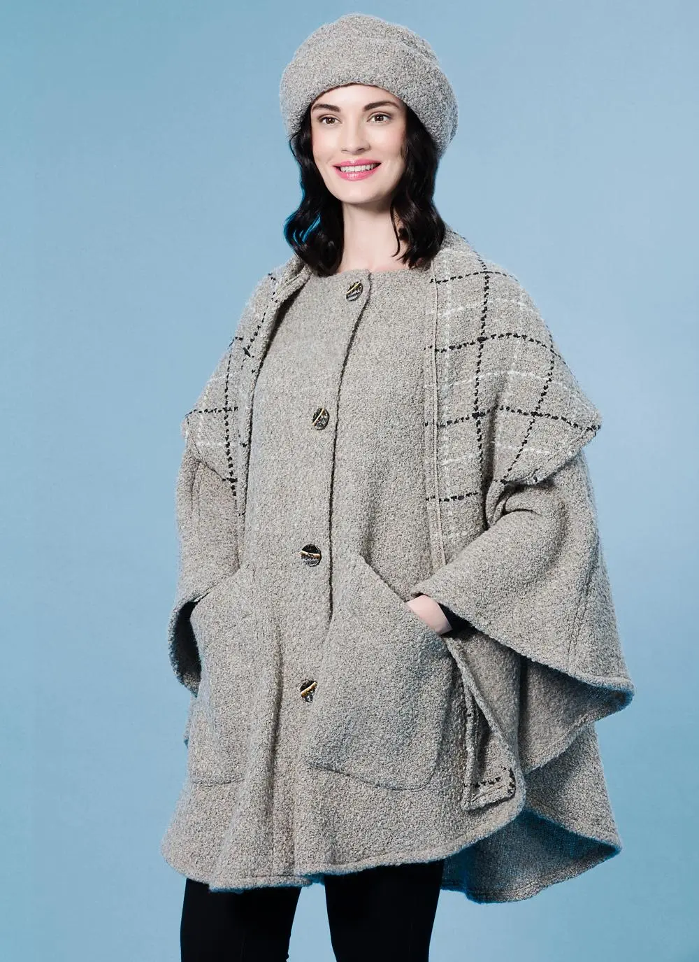Lisa Beige Check Hooded Cape