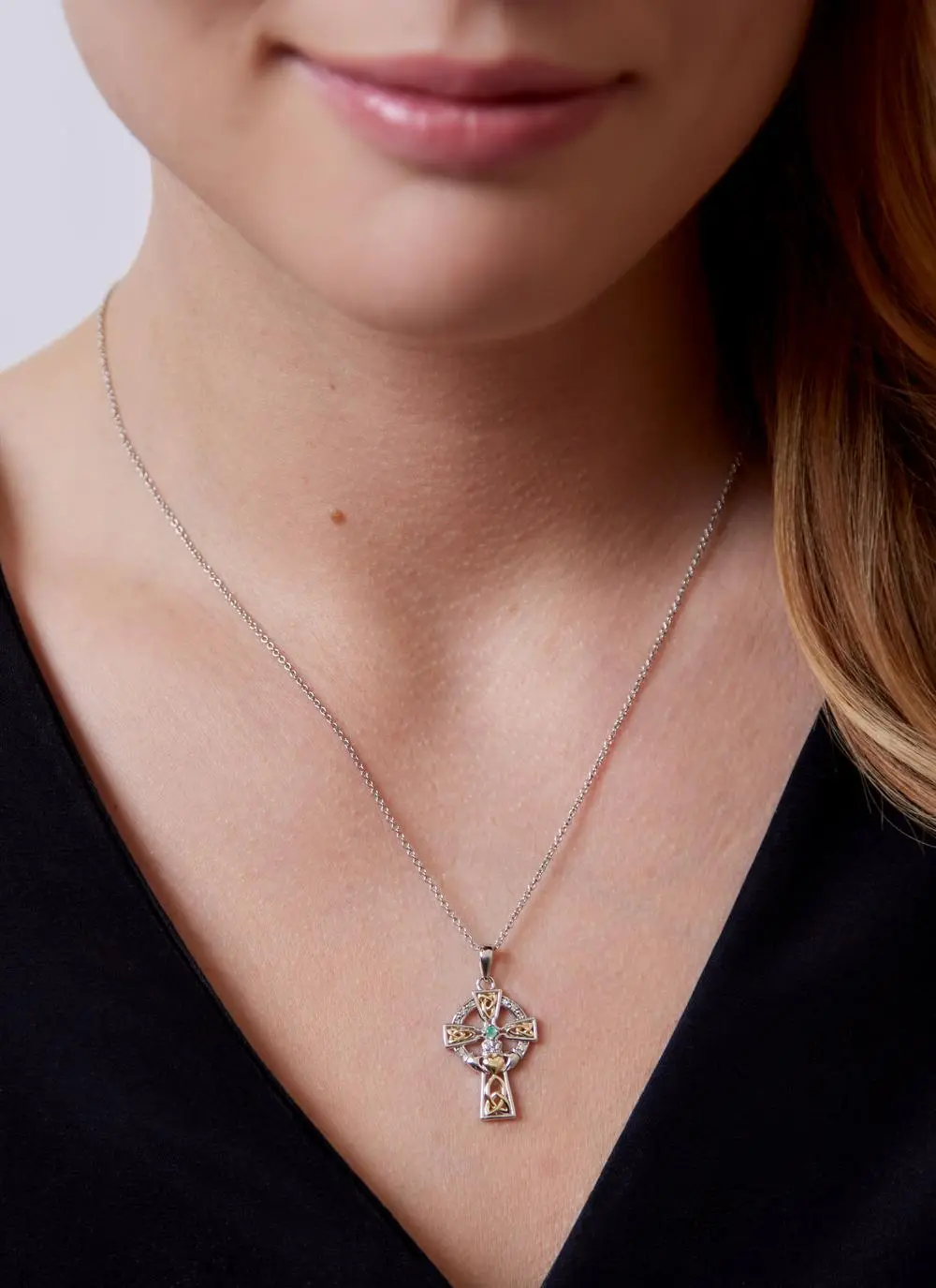 Medium Sterling Silver Trinity Knot Celtic Cross With Emerald & Diamond