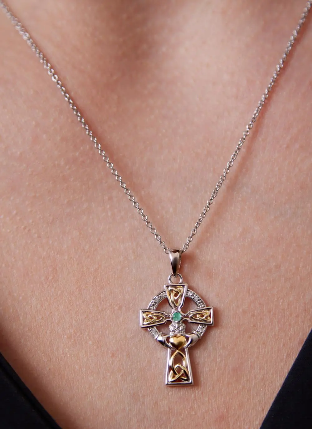 Medium Sterling Silver Trinity Knot Celtic Cross With Emerald & Diamond
