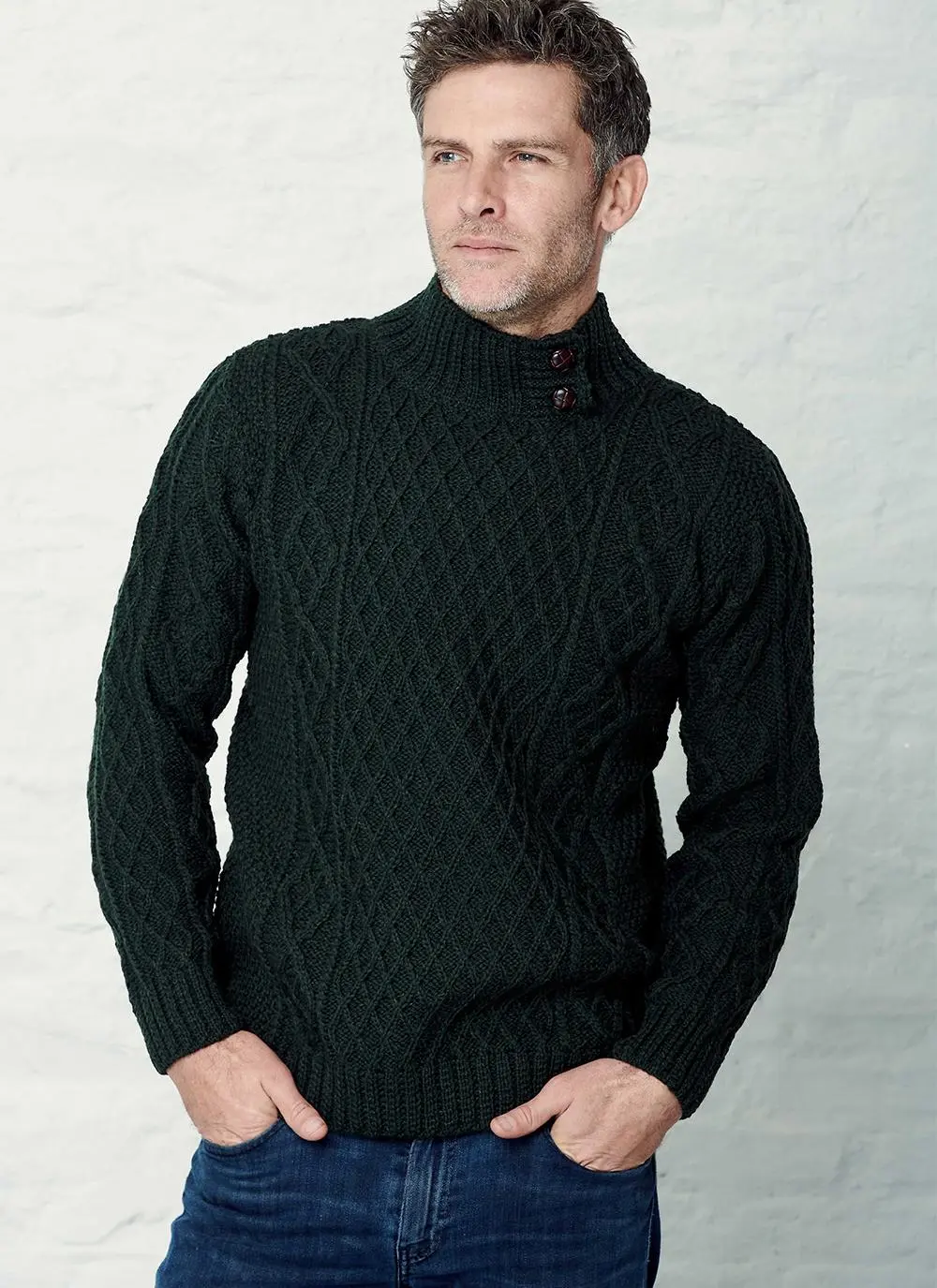 Men's Button Neck Aran Sweater