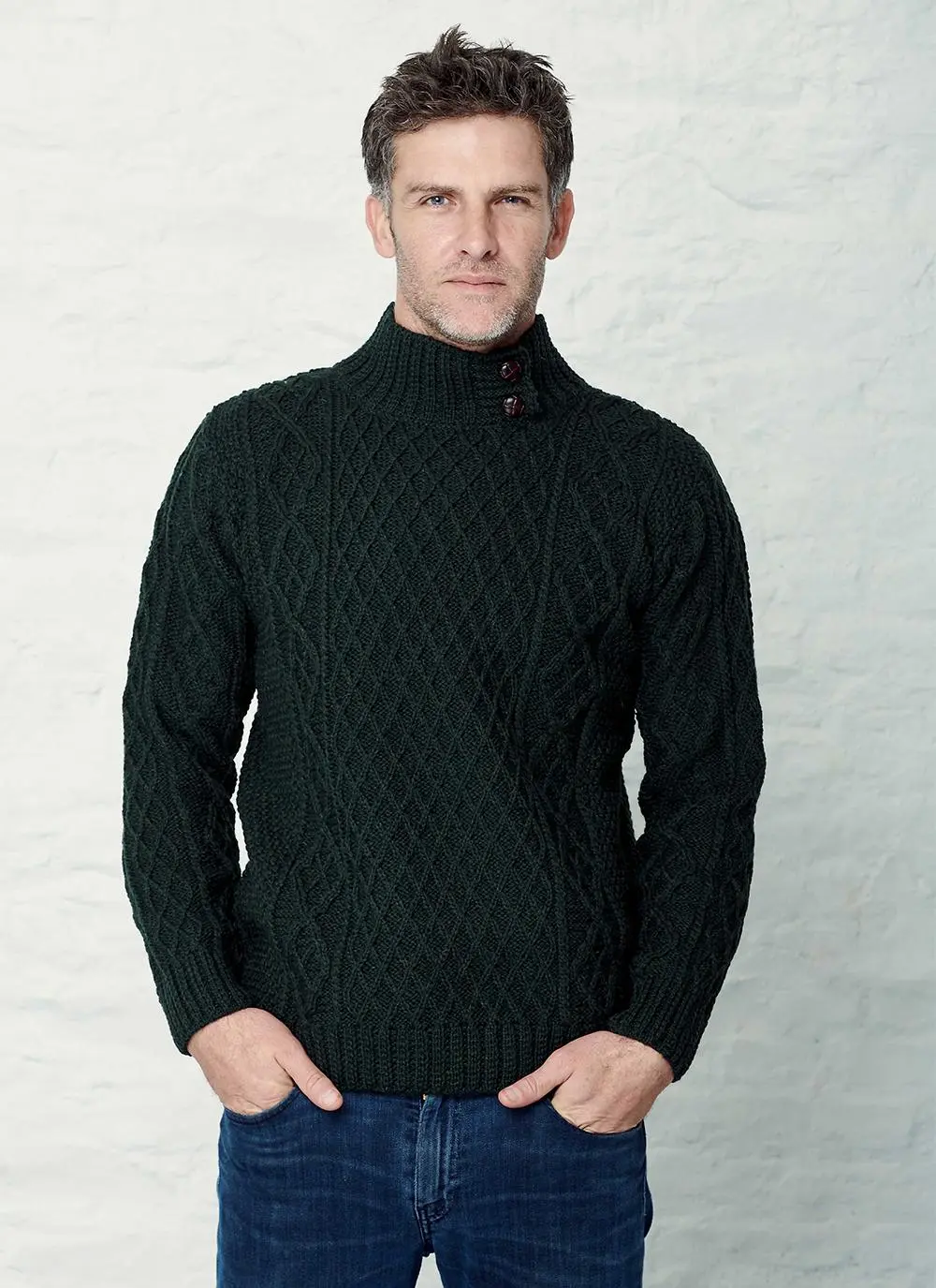 Men's Button Neck Aran Sweater