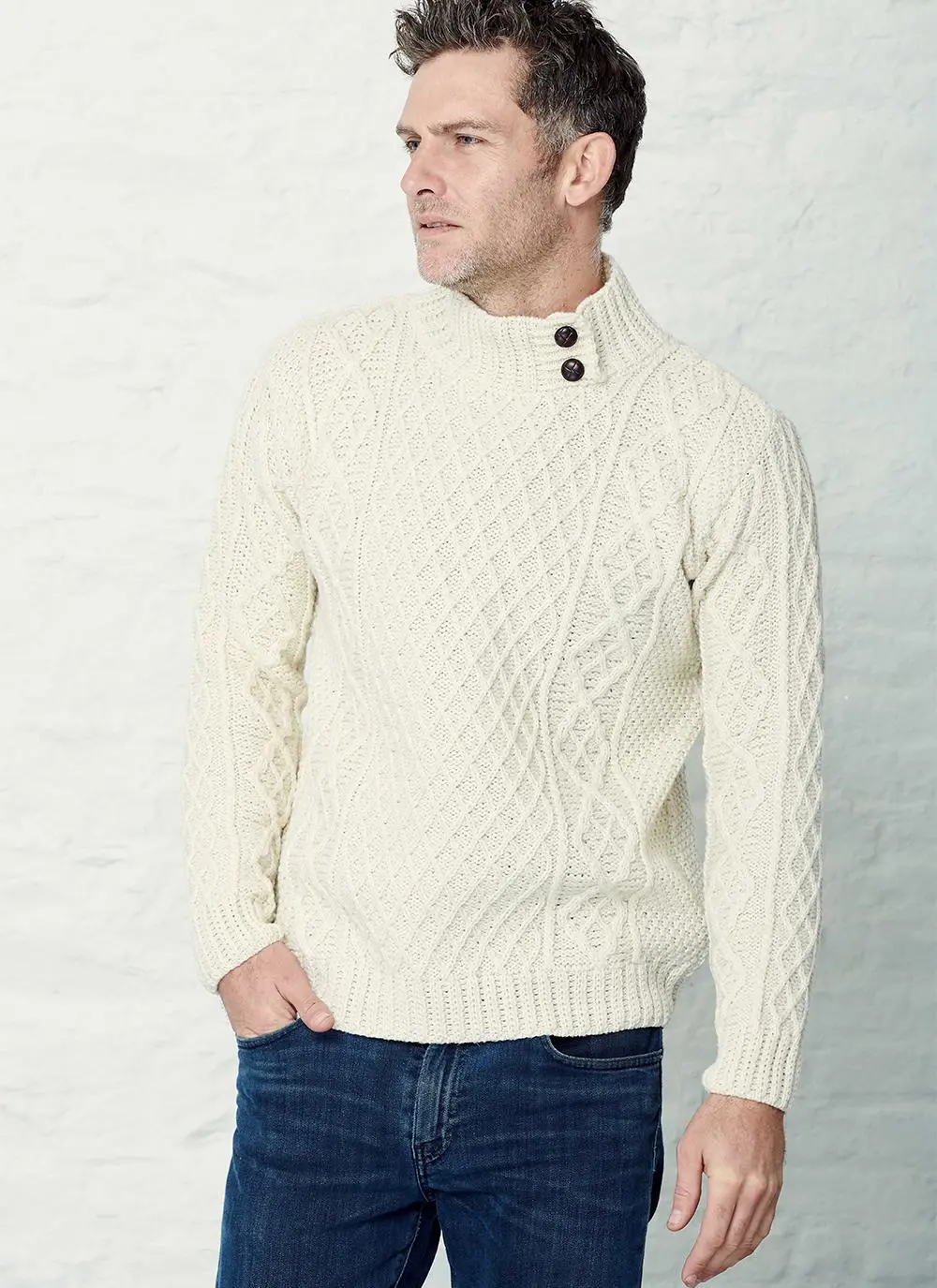 Men's Button Neck Aran Sweater
