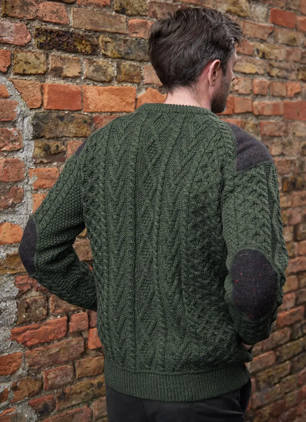 Tweed Patch Crew Neck Aran Sweater