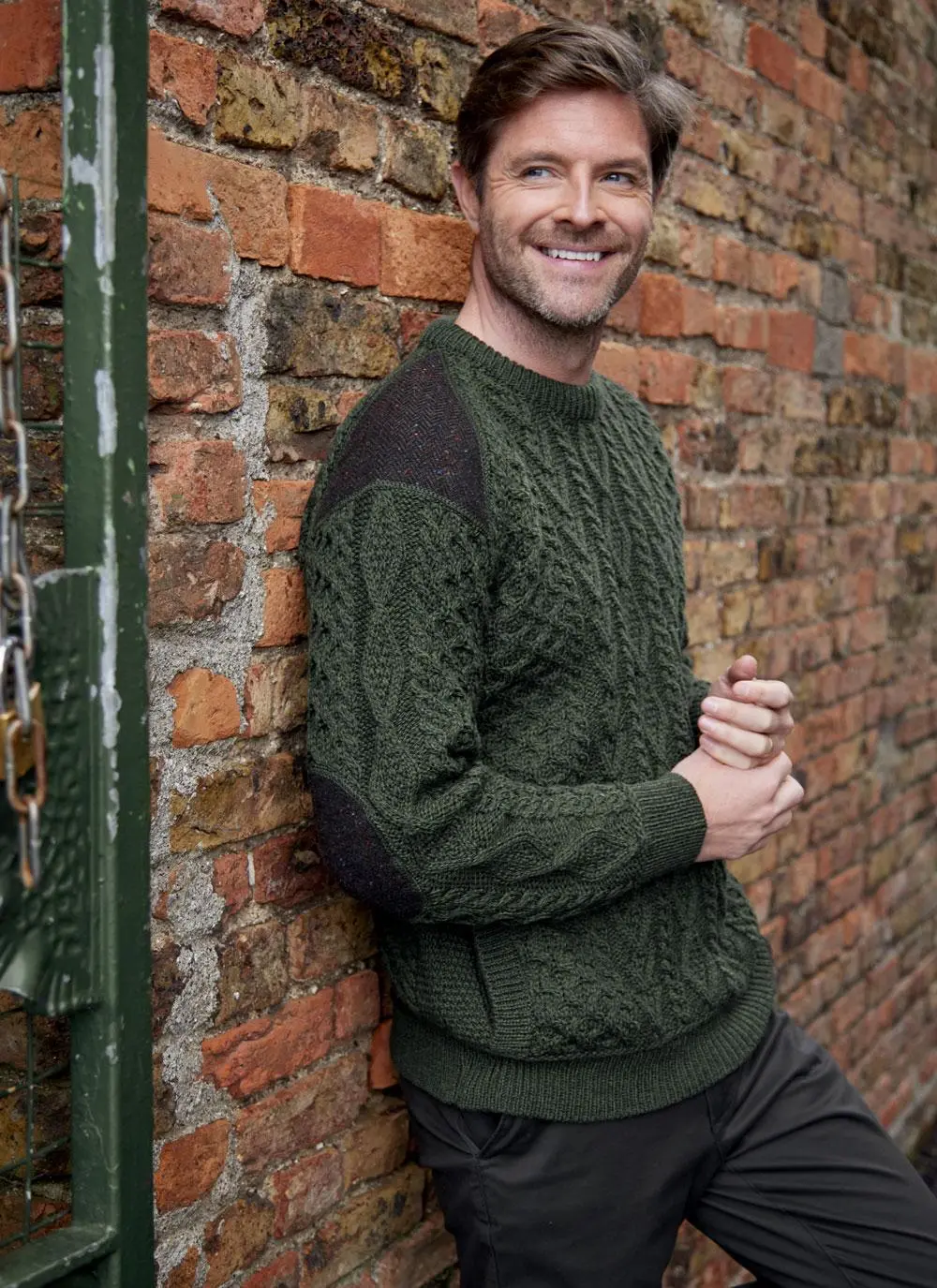Tweed Patch Crew Neck Aran Sweater