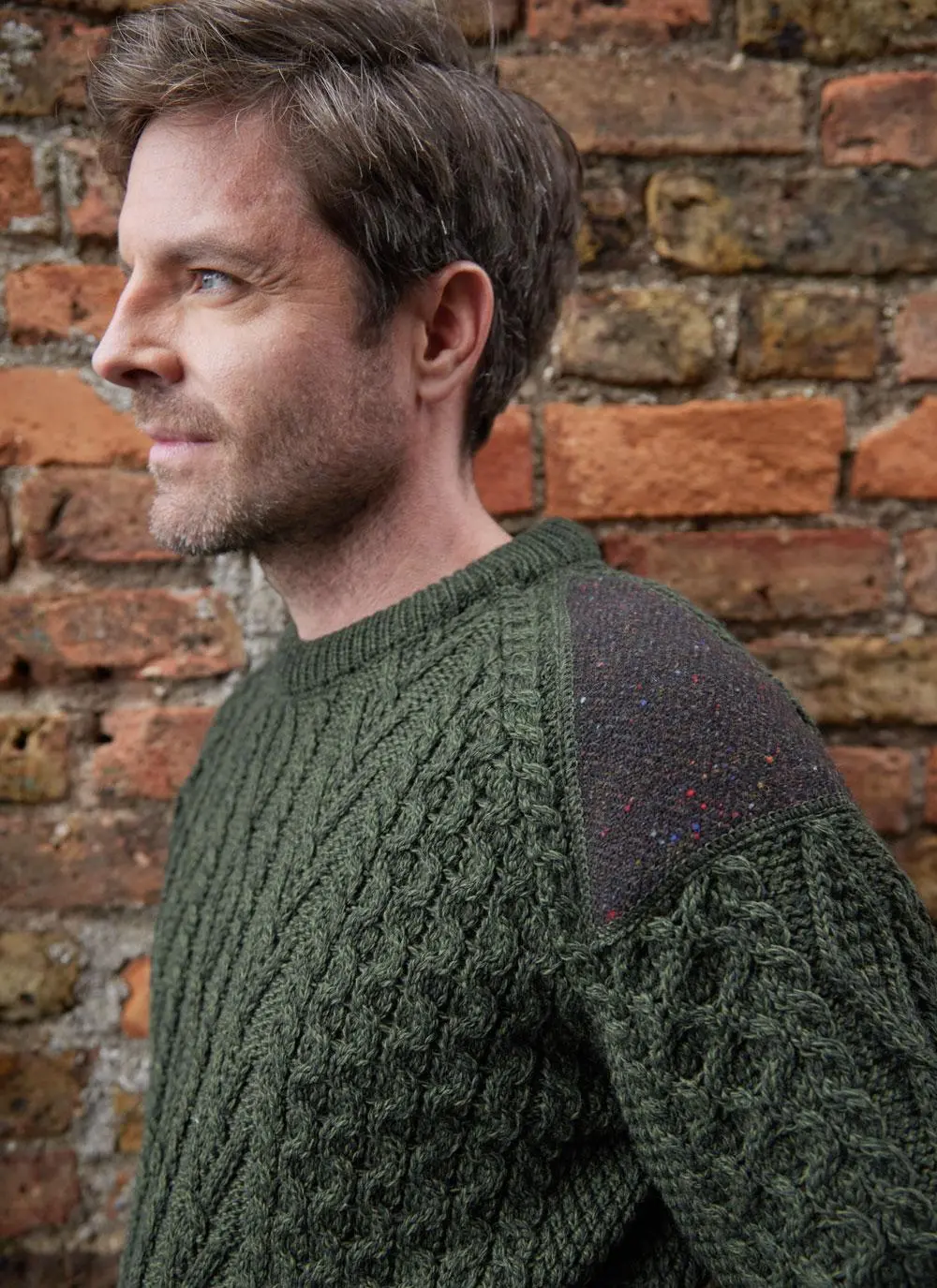 Tweed Patch Crew Neck Aran Sweater