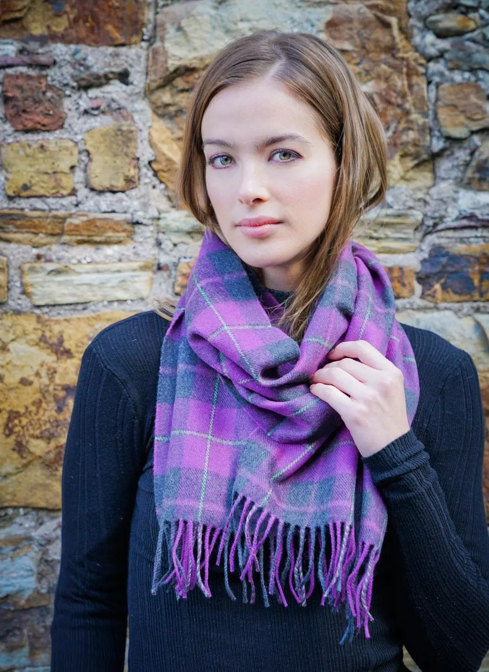 Extra Fine Merino Wool Fringed Check Scarf 