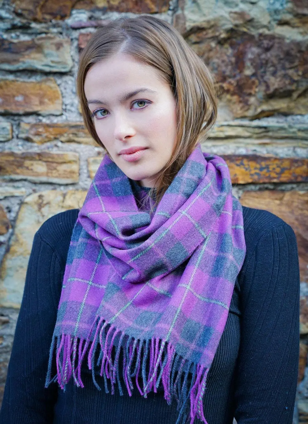 Extra Fine Merino Wool Fringed Check Scarf 