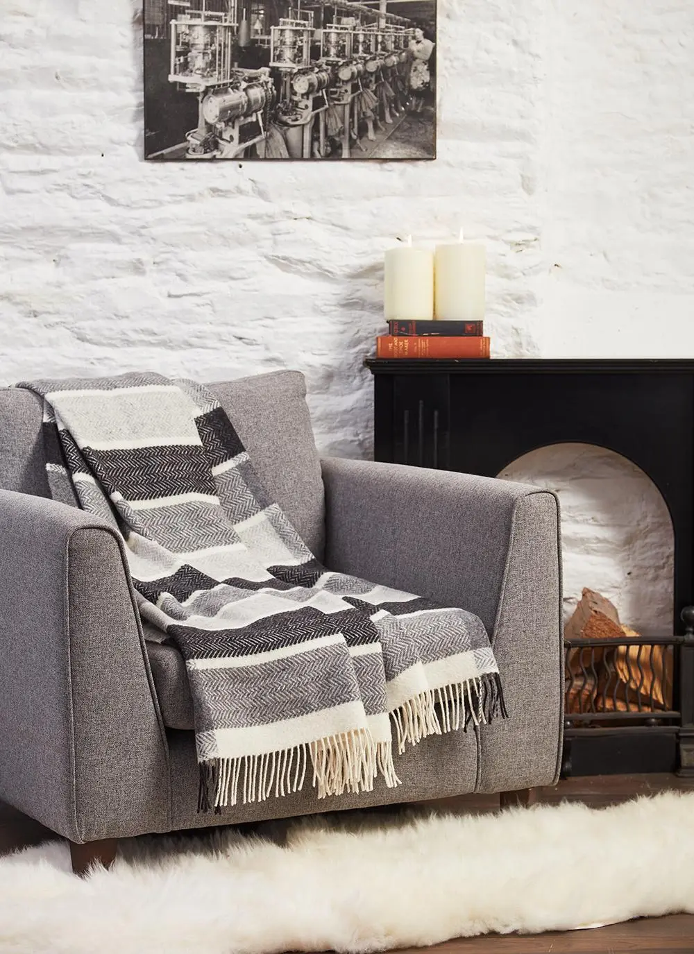 Monochrome Herringbone Stripe Wool Cashmere Throw