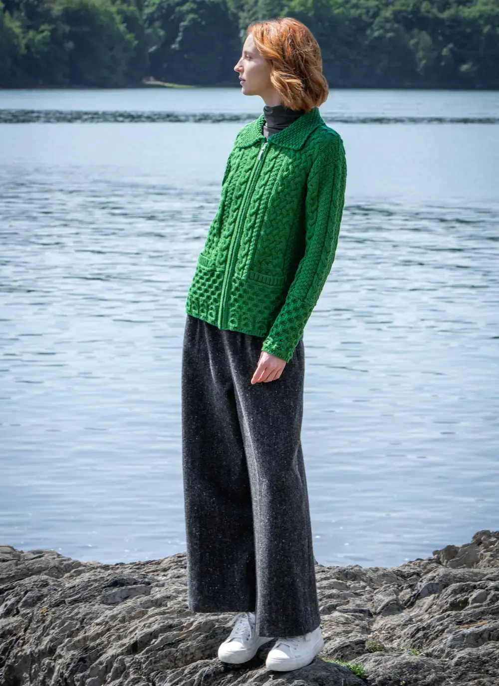 Grace Full Zip Aran Cardigan in Emerald