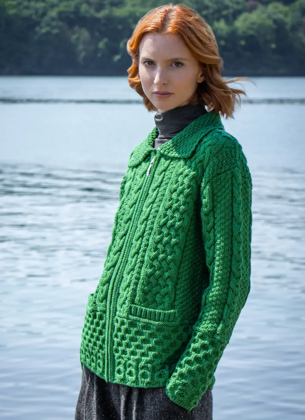 Grace Full Zip Aran Cardigan in Emerald