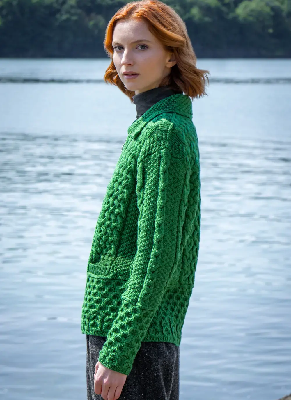 Grace Full Zip Aran Cardigan in Emerald