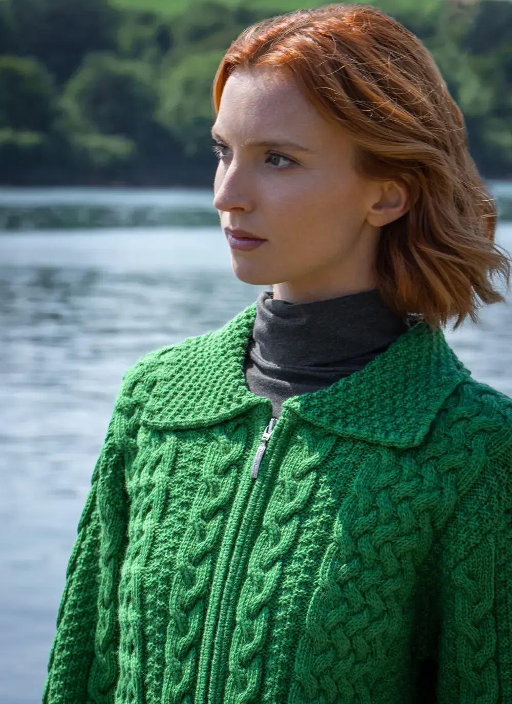 Grace Full Zip Aran Cardigan in Emerald