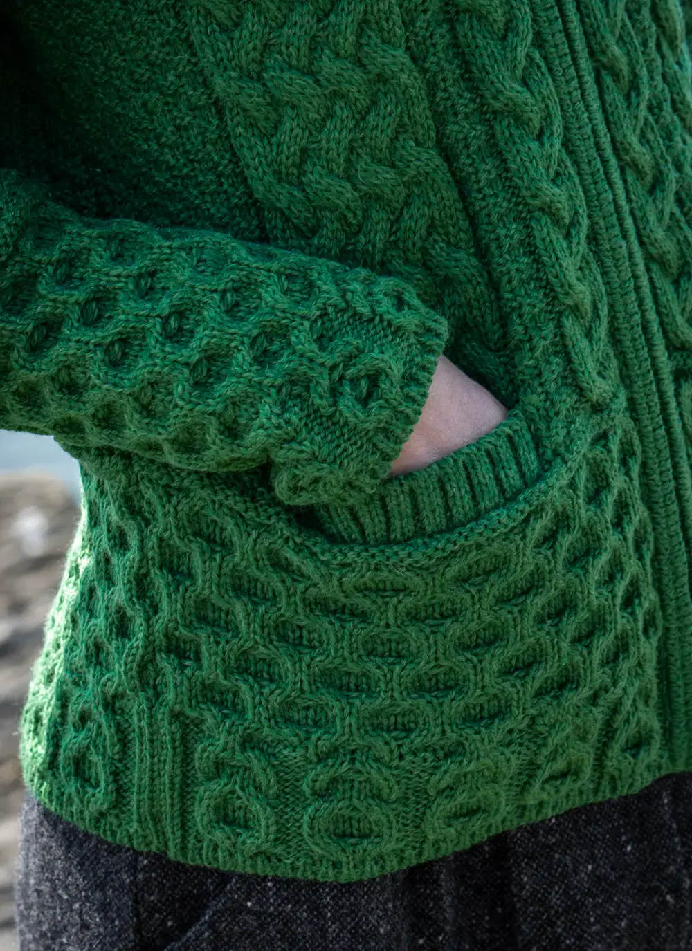 Grace Full Zip Aran Cardigan in Emerald