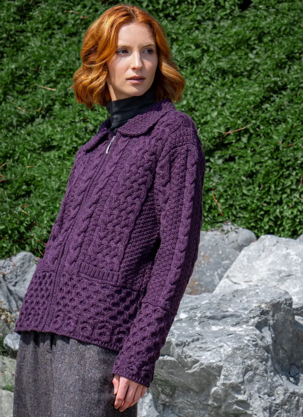 Partial side view Grace Full Zip Aran Cardigan in Purple Marl