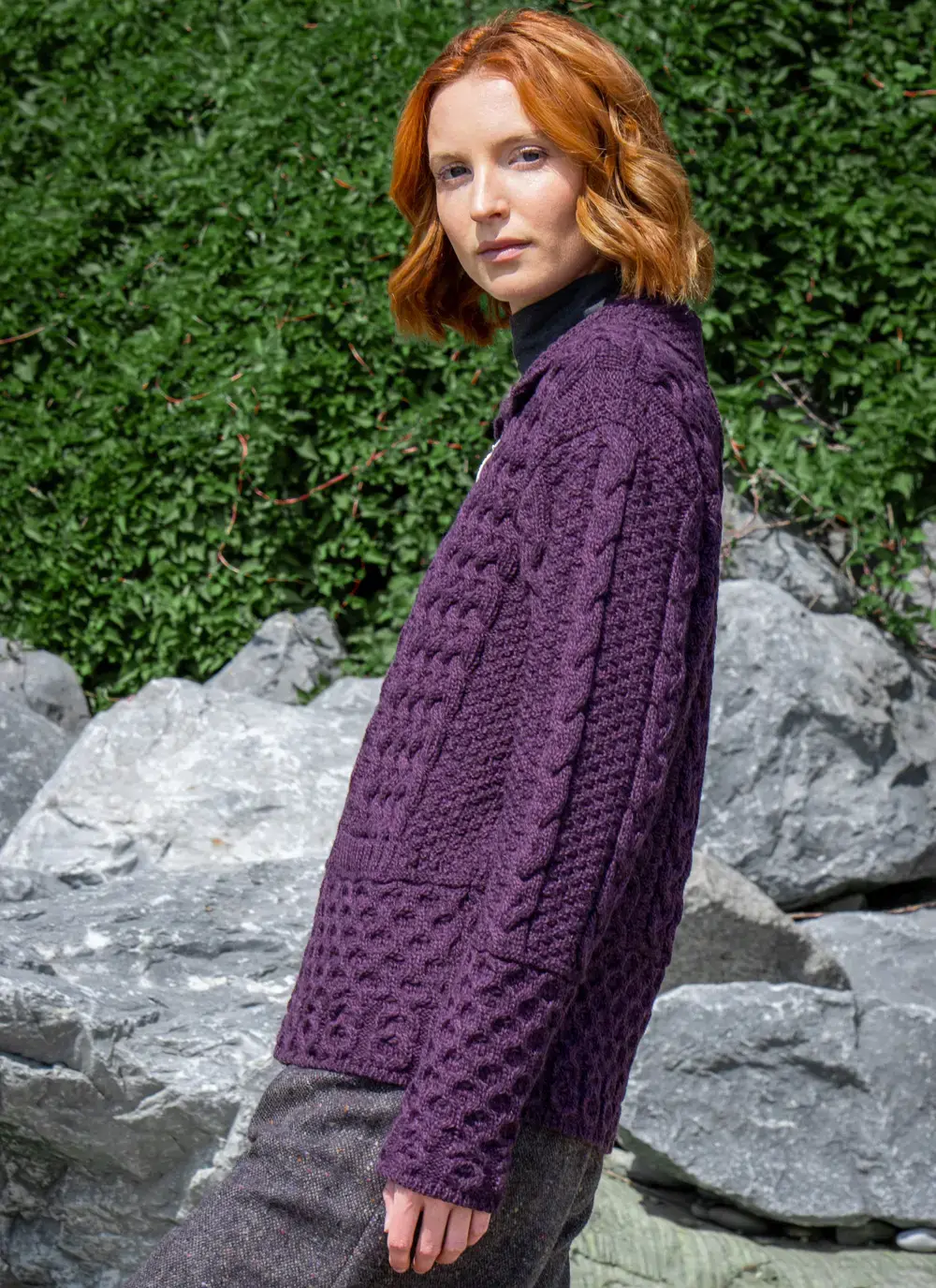 Side view Grace Full Zip Aran Cardigan in Purple Marl