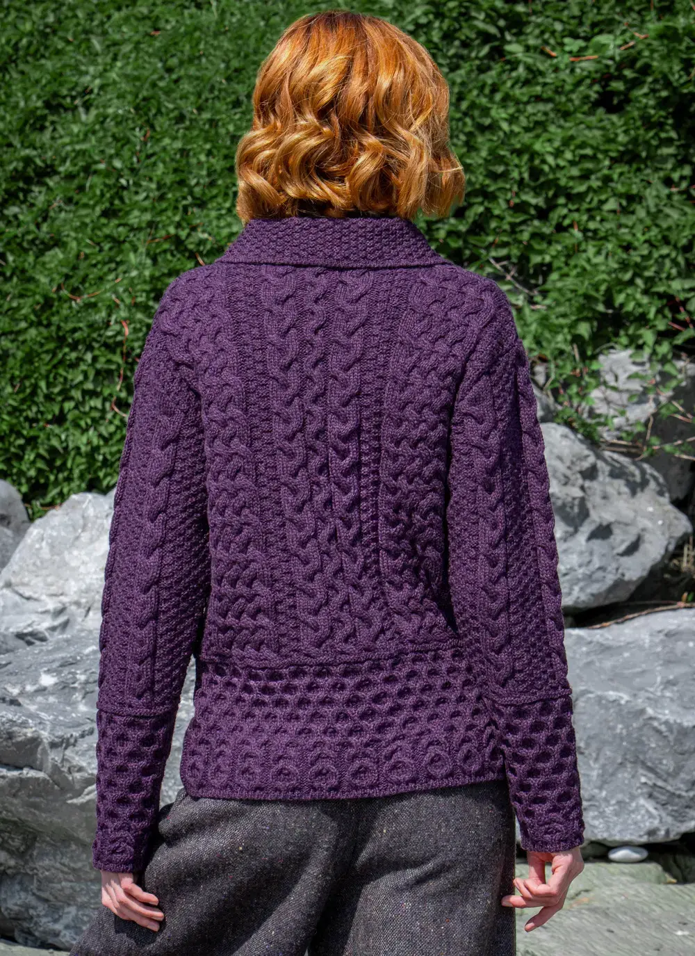 Back detail Grace Full Zip Aran Cardigan in Purple Marl