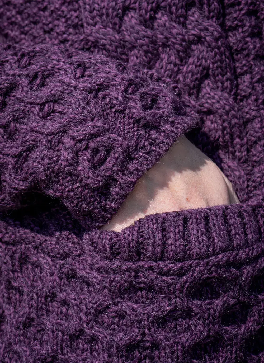 Pocket Close up Grace Full Zip Aran Cardigan in Purple Marl