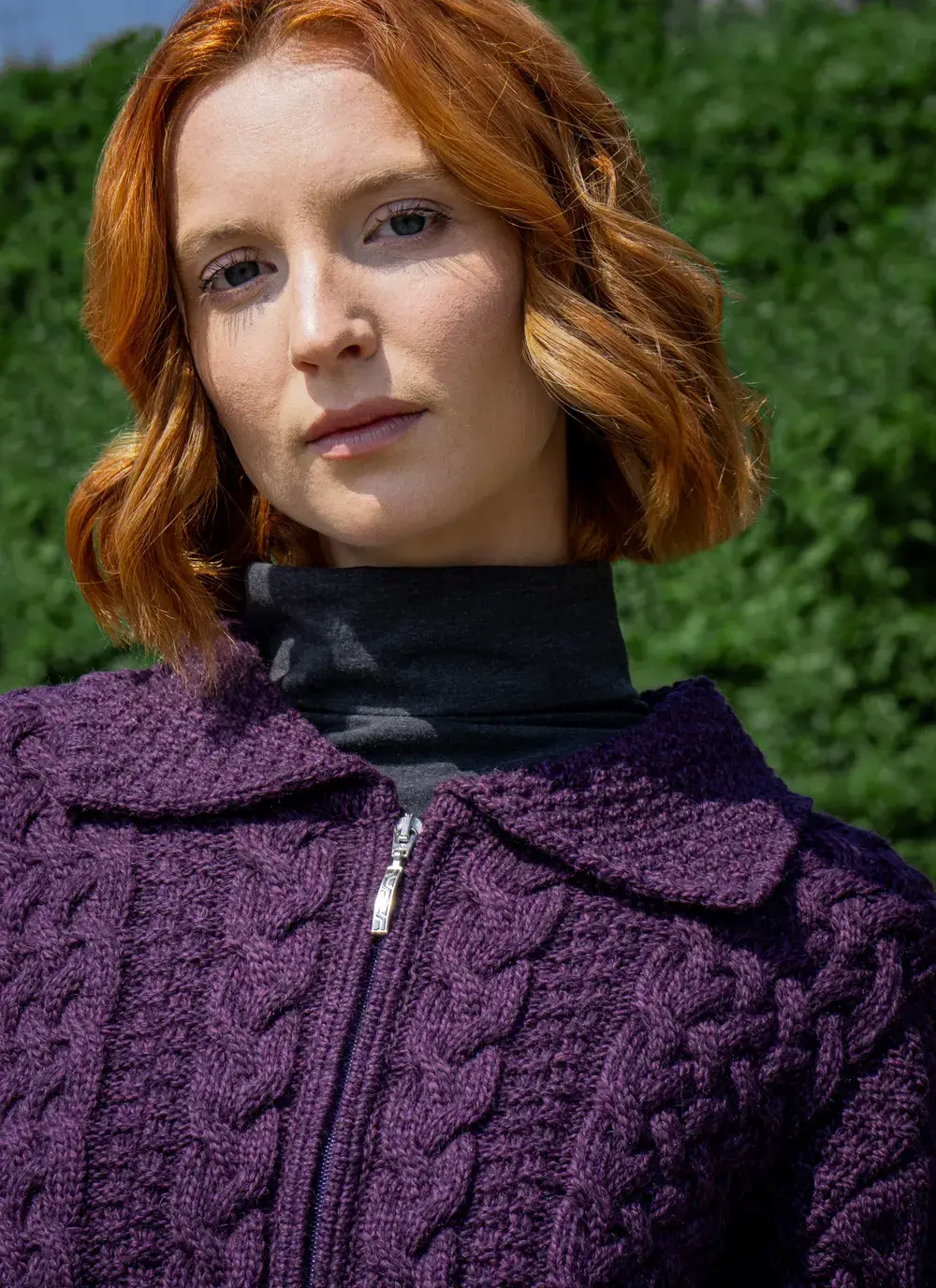 Collar Close Up Grace Full Zip Aran Cardigan in Purple Marl