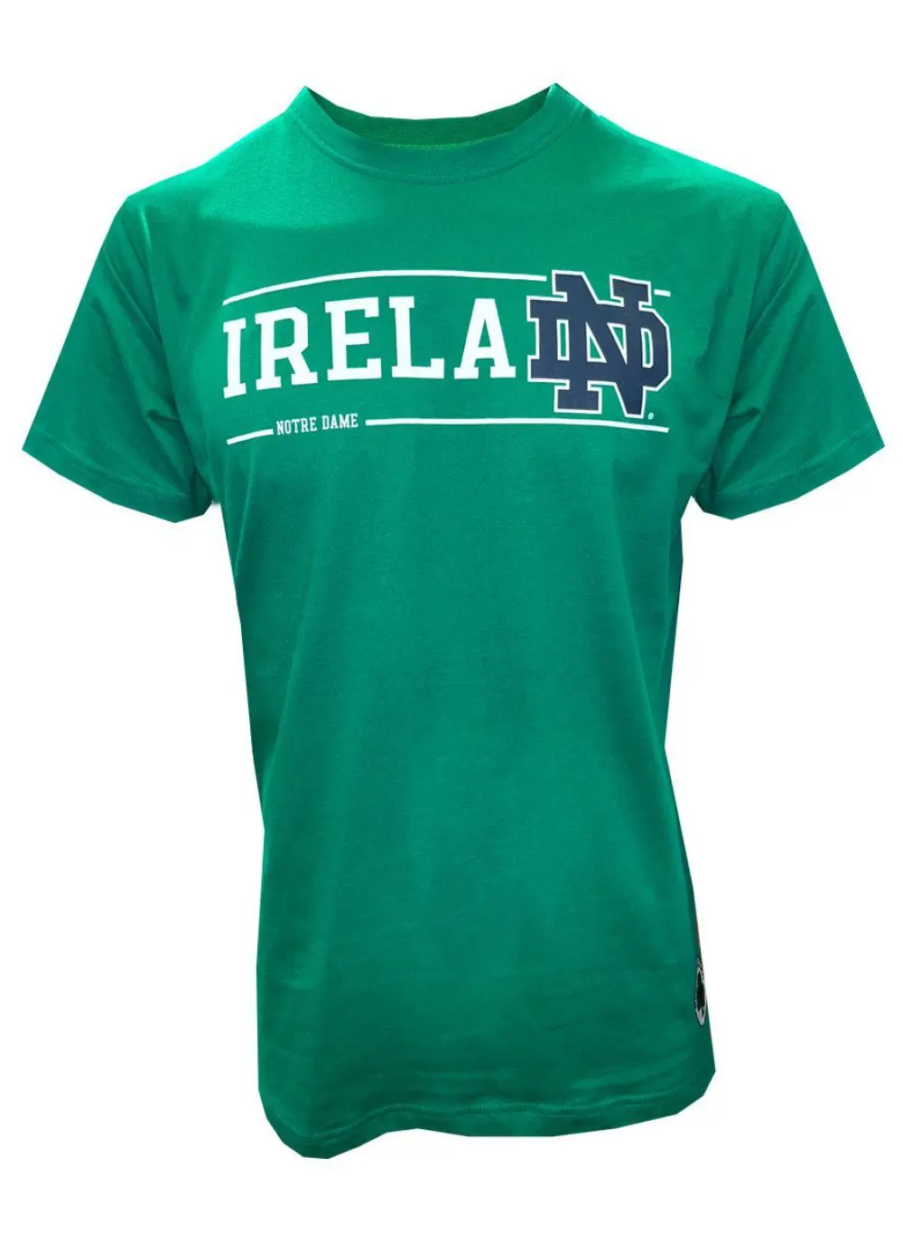 Green t-shirt with letters spelling Ireland and fighting Irish logo printed and a shamrock sewn in at the bottom