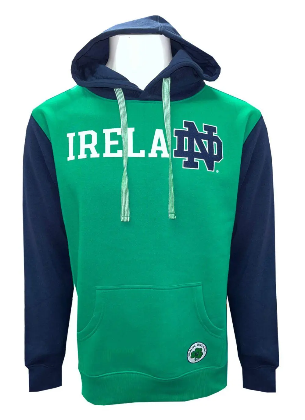 Hoodie with green torso, navy sleeves and hood, Ireland printed in the middle with fighting Irish logo