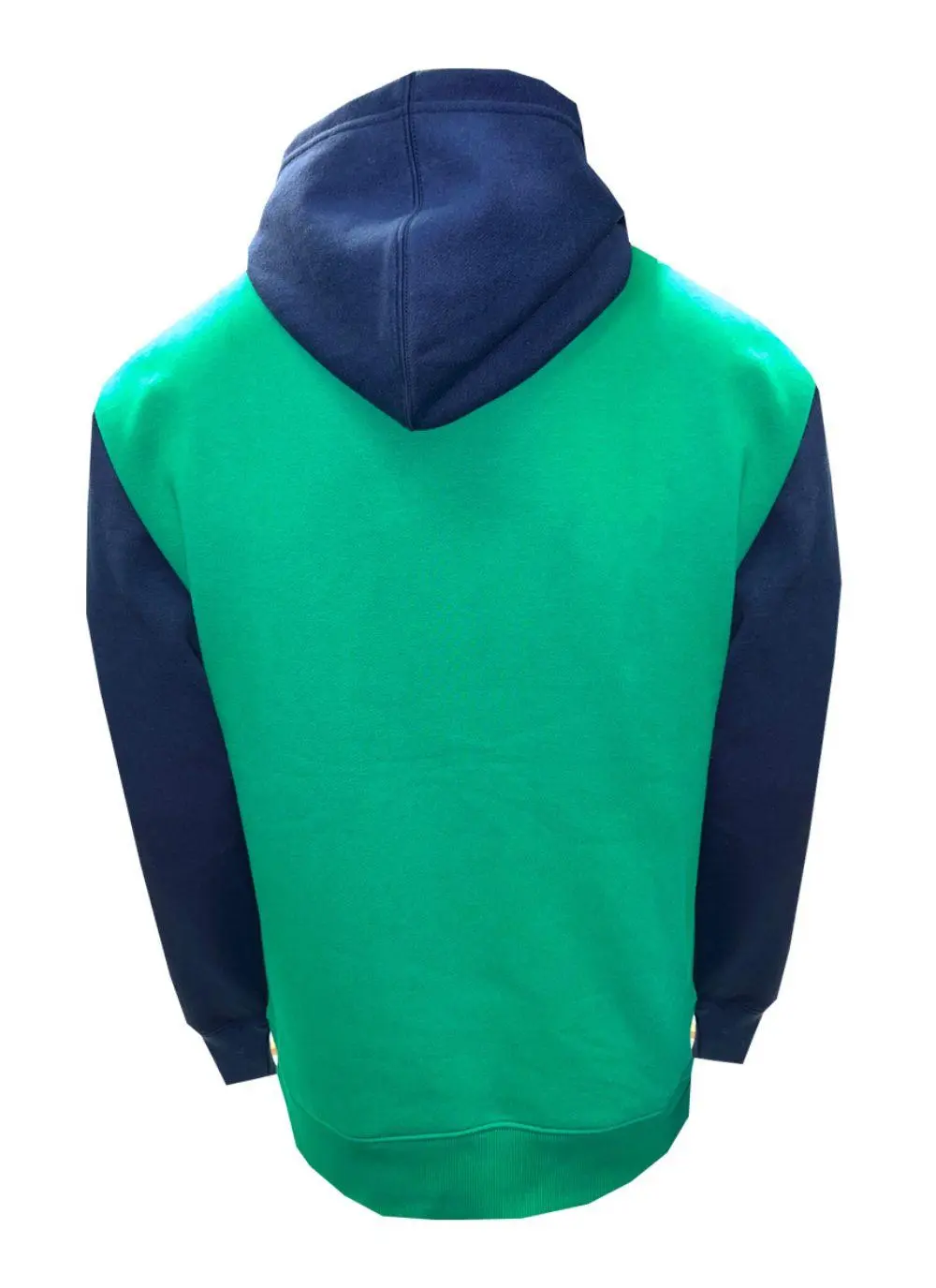Hoodie with green torso, navy sleeves and hood, Ireland printed in the middle with fighting Irish logo