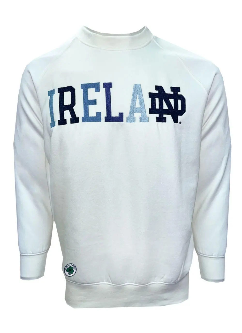 Cream sweatshirt with Ireland and fighting Irish logo in blue in the center